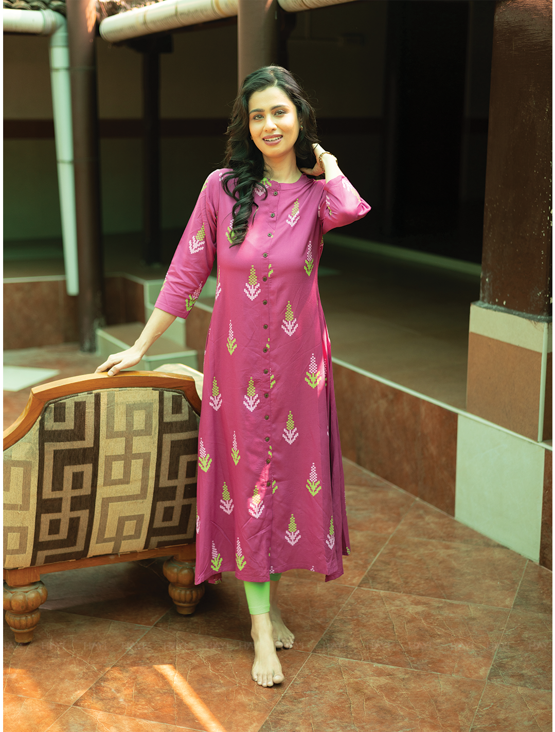 Heritage Glow Violet Viscose A-line Dress with Chinese Collar neck &amp; 3/4th Sleeves