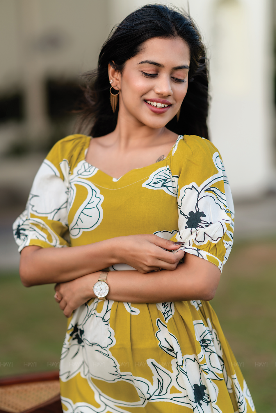 Buttercup Bloom Yellow Viscose Dress with Sweetheart Neck and Elbow Sleeves