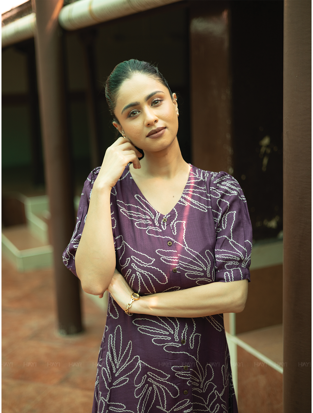 Vionora Violet Viscose Dress with Rounded Square neck &amp; Puff Sleeves