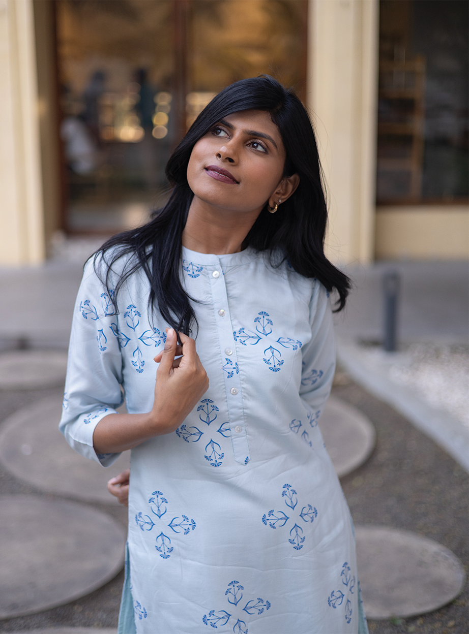 Willow Mist Blue Viscose Co-ord with Chinese Collar &amp; 3/4th sleeves