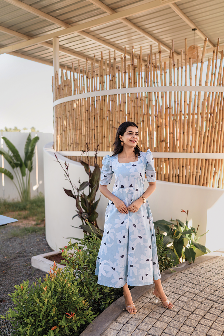 Fleur Blue Cotton Blend Dress with Rounded Square Neck &amp; Leg-O-Mutton Sleeves