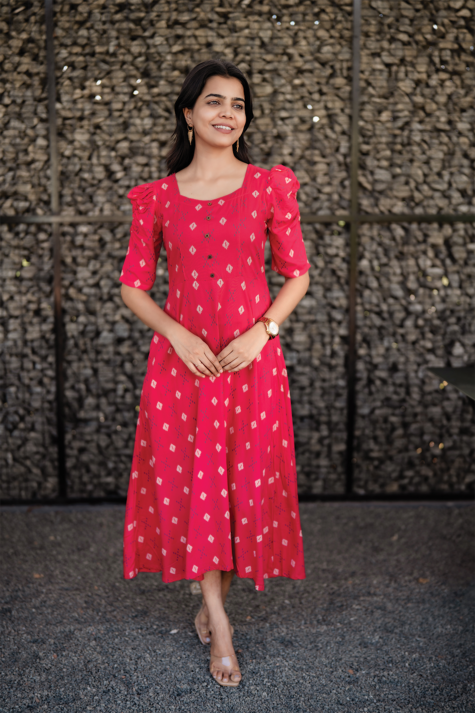 Redloom Cotton Dress with Sweetheart neck &amp; Leg-O-Mutton Sleeves