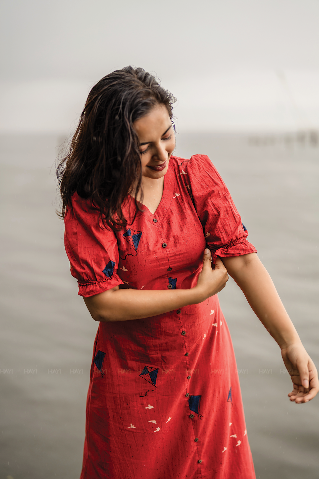 Kite Queen Red  A-line Cotton Flex Dress with V-Neck &amp; puff Sleeves