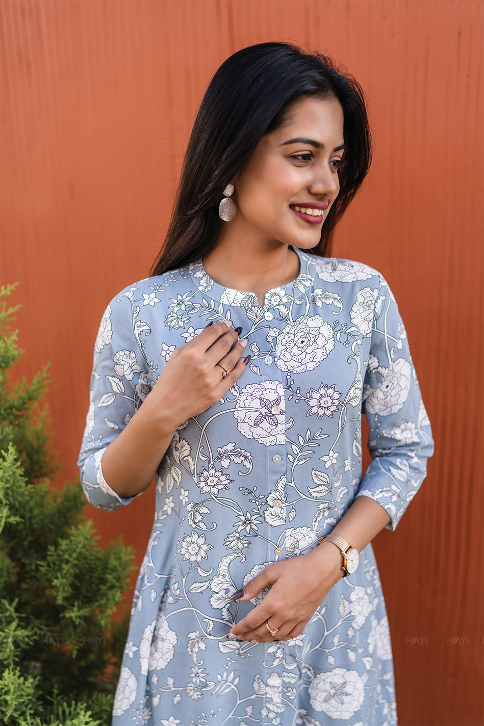 Hazy Petal Blue Viscose Co-ord with Chinese Collar &amp; 3/4th sleeves