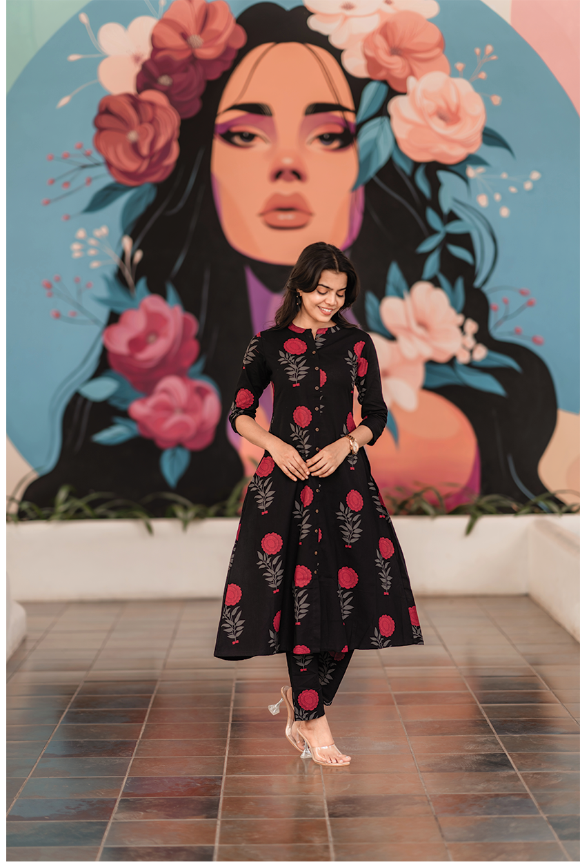 Fuchsia Mist Black Cotton Co-ord with Chinese collar &amp; 3/4th sleeves