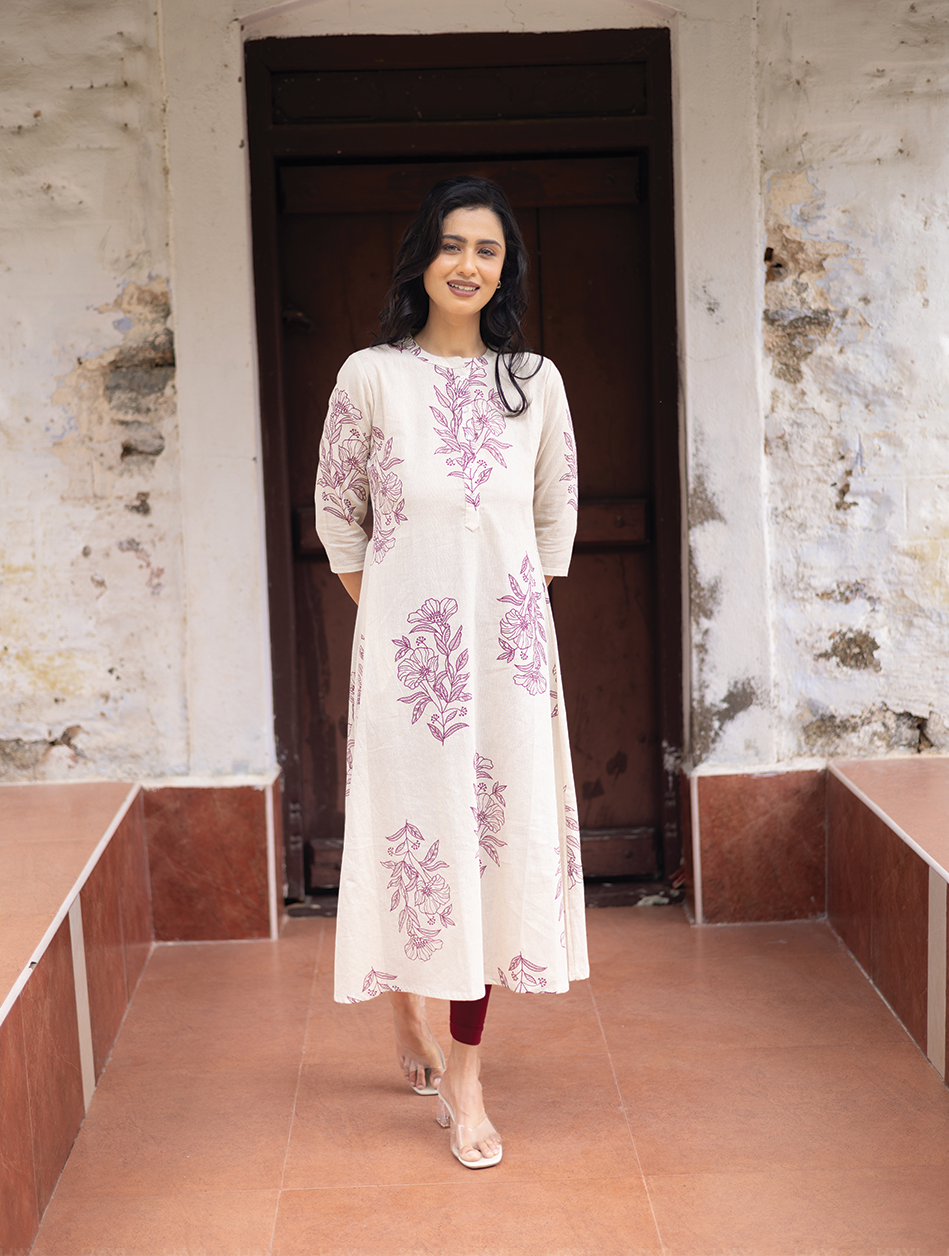Lineleaf Tales White Cotton Flex A-line Dress with Chinese Collar &amp; 3/4th Sleeves