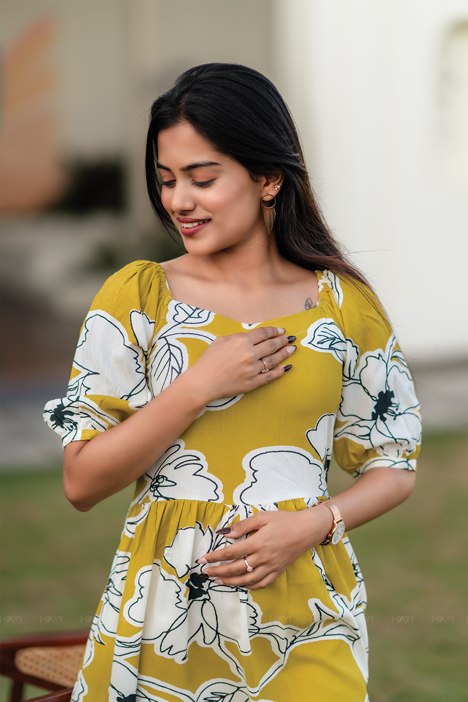 Buttercup Bloom Yellow Viscose Dress with Sweetheart Neck and Elbow Sleeves