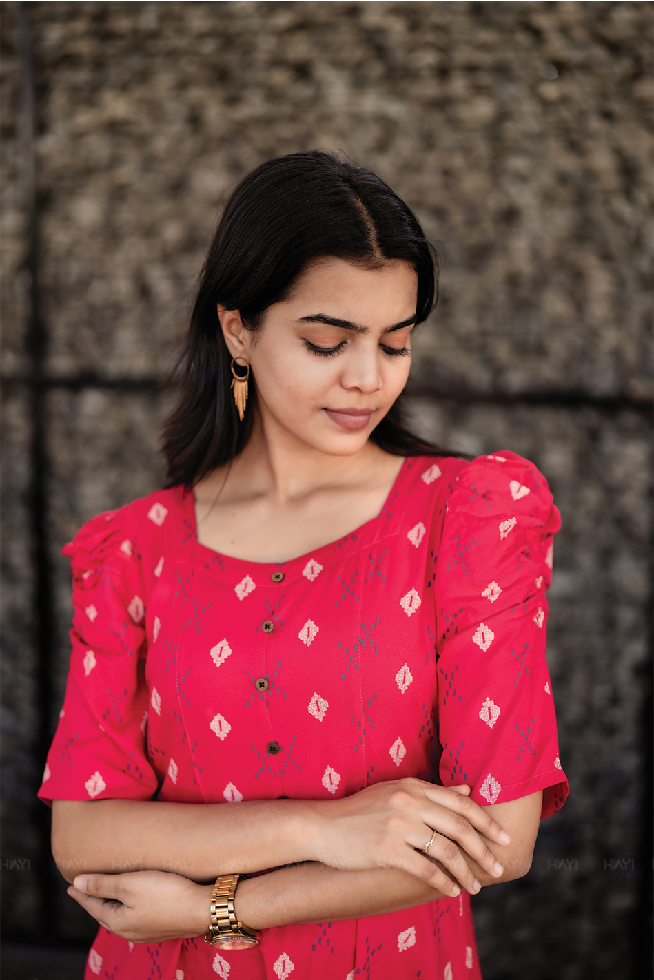 Redloom Cotton Dress with Sweetheart neck &amp; Leg-O-Mutton Sleeves