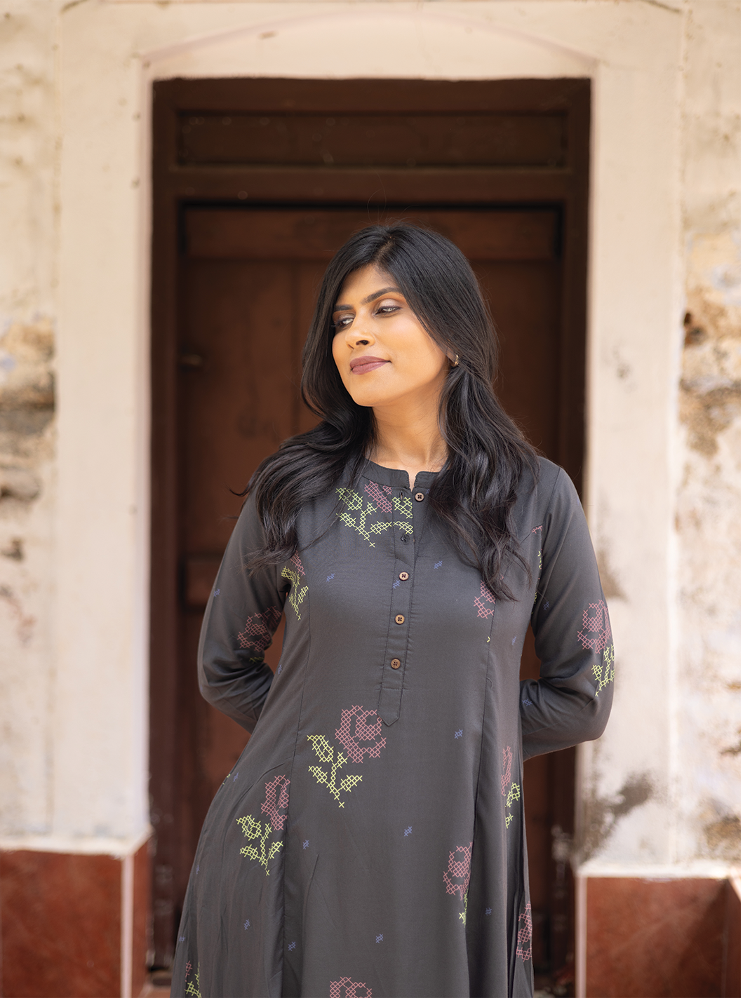 Elarose Dark Gray A-line Viscose Dress with Chinese Collar neck &amp; 3/4th Sleeves