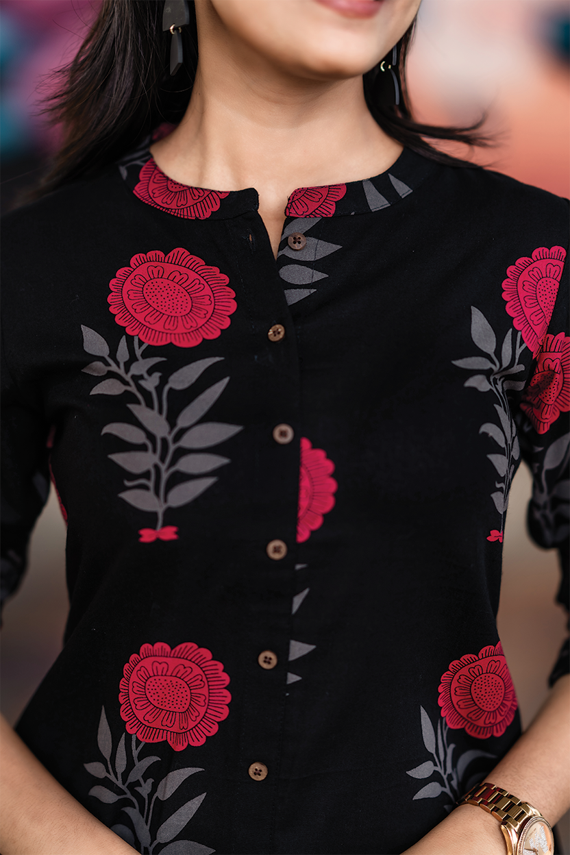 Fuchsia Mist Black Cotton Co-ord with Chinese collar &amp; 3/4th sleeves