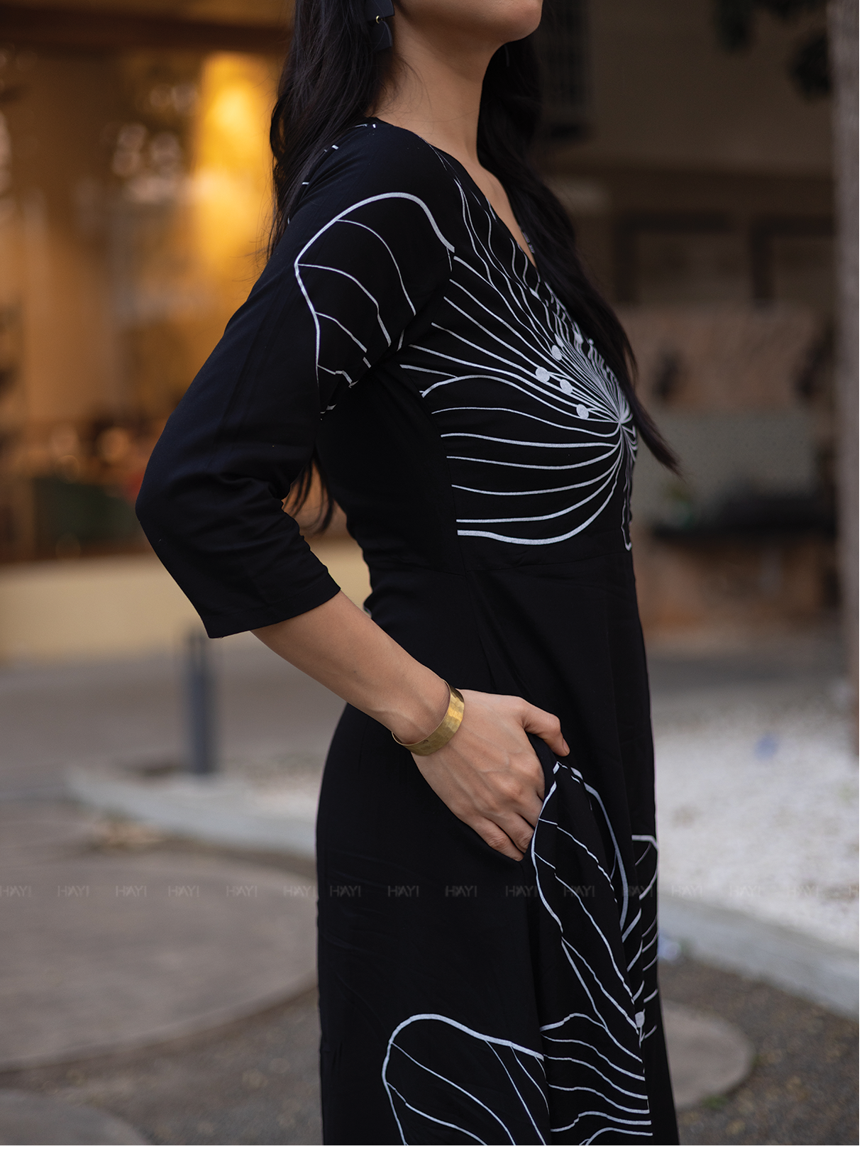 Ebony Blossom Black Viscose Dress with V-neck &amp; 3/4th Sleeves