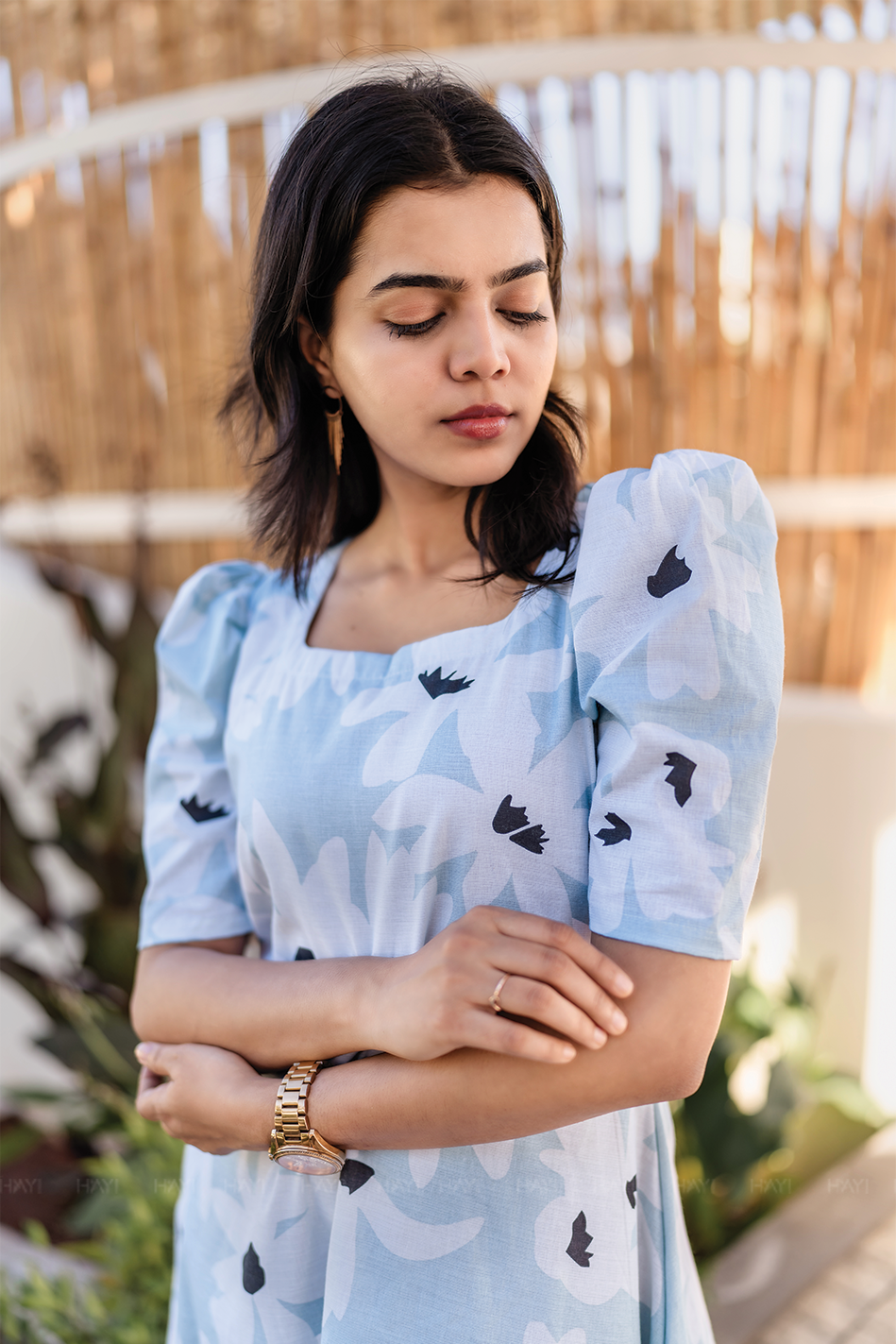 Fleur Blue Cotton Blend Dress with Rounded Square Neck &amp; Leg-O-Mutton Sleeves