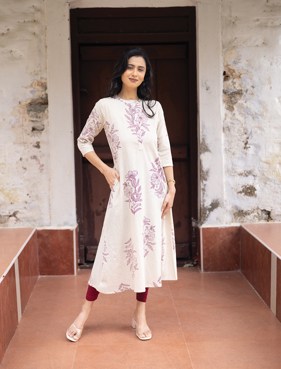 Lineleaf Tales White Cotton Flex A-line Dress with Chinese Collar &amp; 3/4th Sleeves