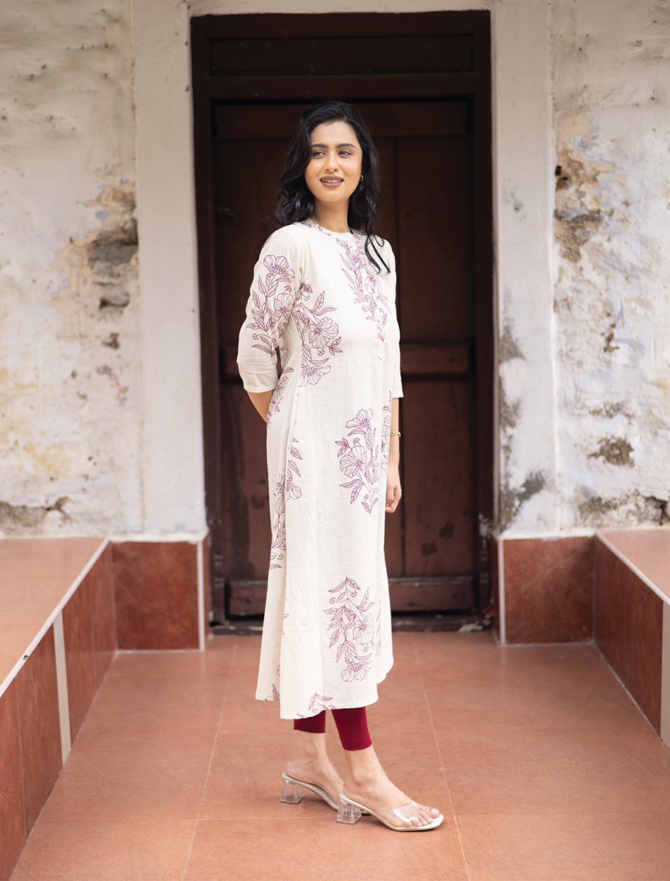 Lineleaf Tales White Cotton Flex A-line Dress with Chinese Collar &amp; 3/4th Sleeves