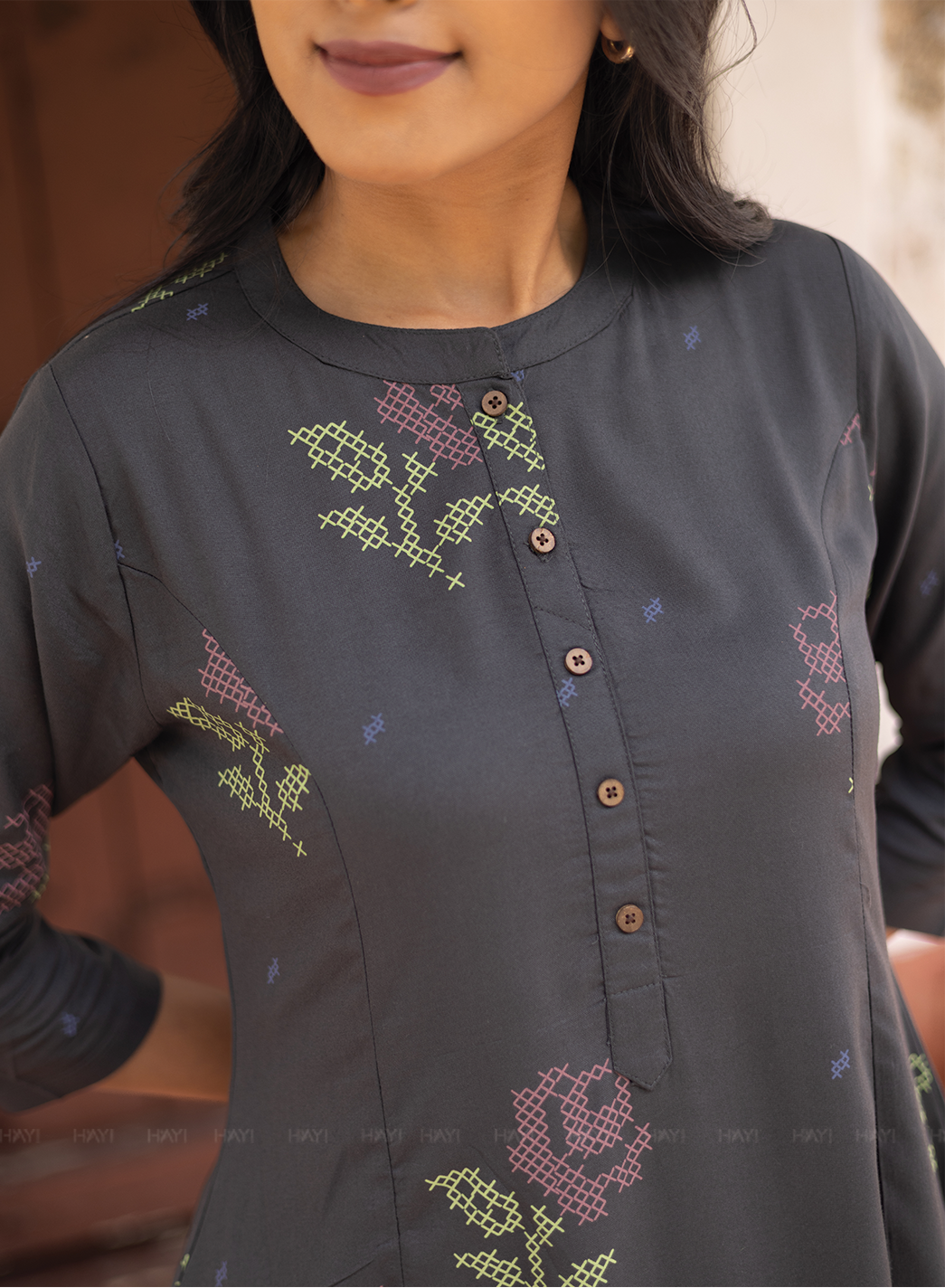 Elarose Dark Gray A-line Viscose Dress with Chinese Collar neck &amp; 3/4th Sleeves