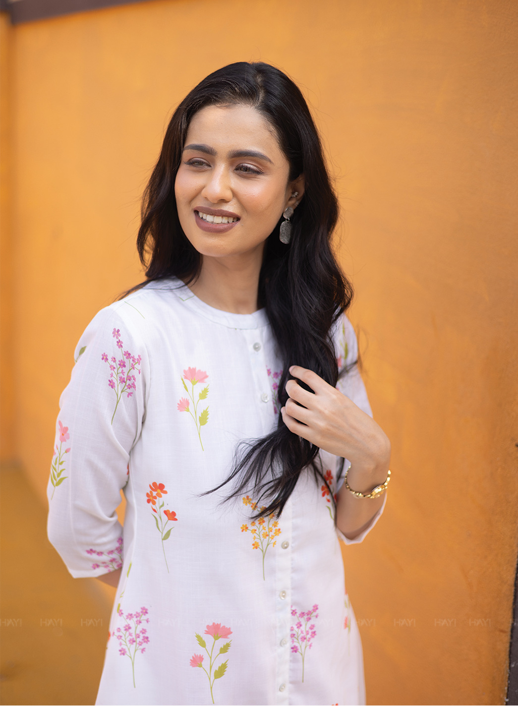 Petal Dreams Off White Linen Blend A-line Dress with Chinese Collar and 3/4th Sleeves