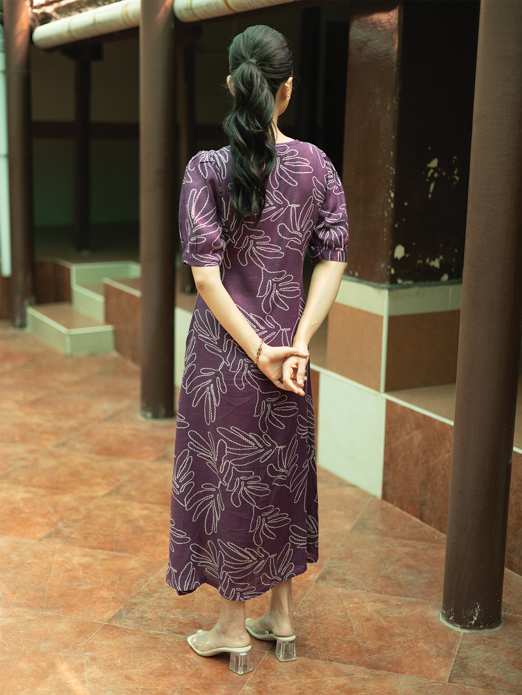 Vionora Violet Viscose Dress with Rounded Square neck &amp; Puff Sleeves