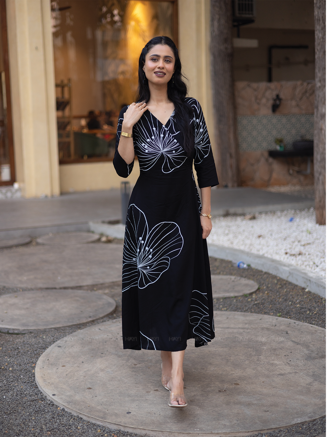 Ebony Blossom Black Viscose Dress with V-neck &amp; 3/4th Sleeves