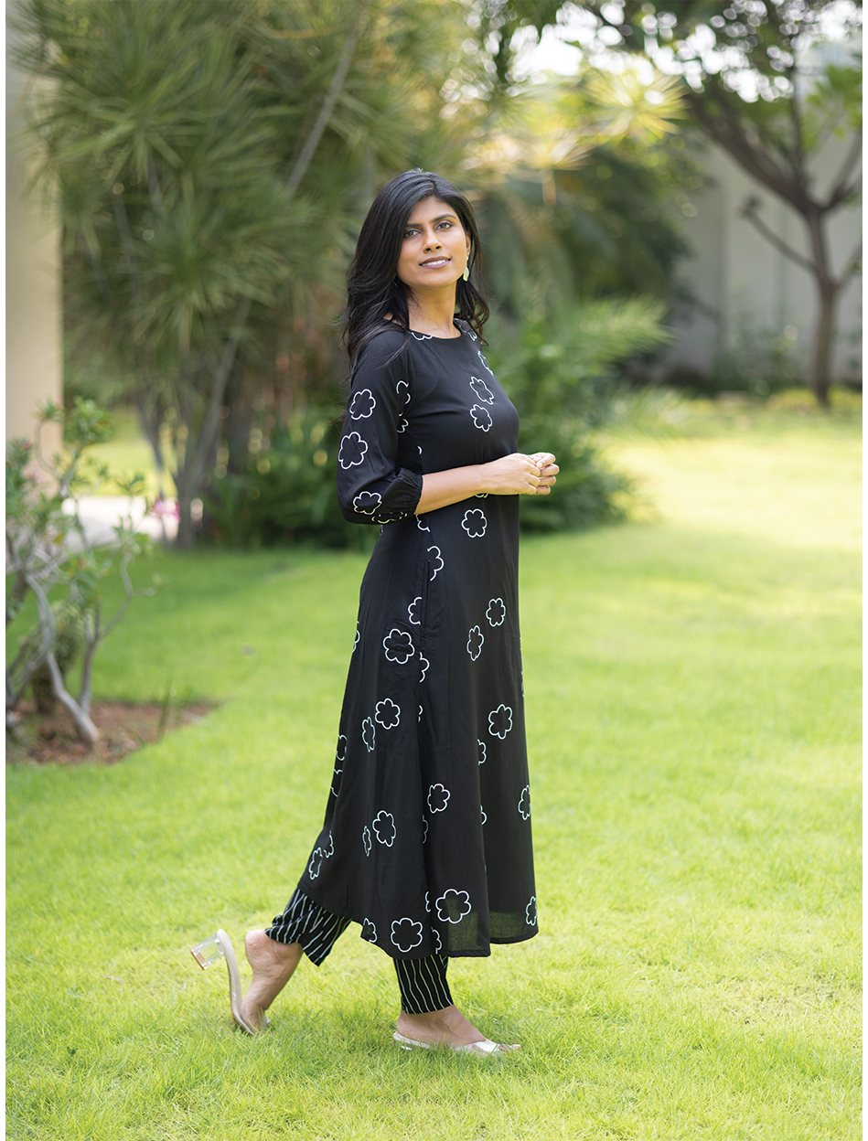 Lunar Whisper Black Co-ord with Boat neck &amp; 3/4th sleeves