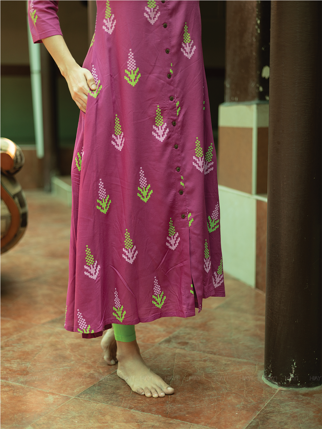 Heritage Glow Violet Viscose A-line Dress with Chinese Collar neck &amp; 3/4th Sleeves