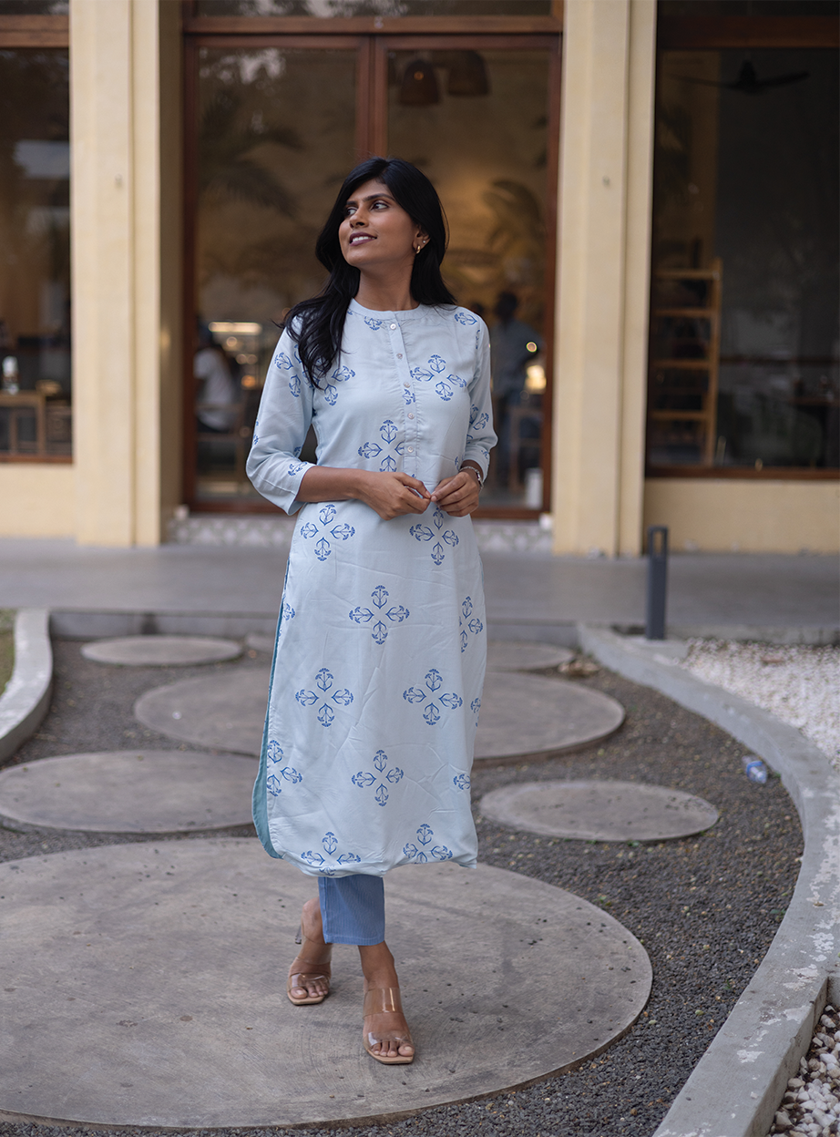 Willow Mist Blue Viscose Co-ord with Chinese Collar &amp; 3/4th sleeves