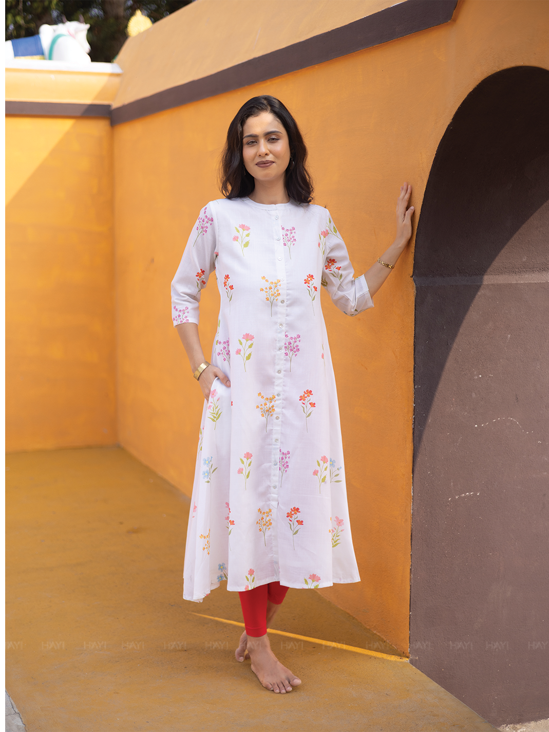 Petal Dreams Off White Linen Blend A-line Dress with Chinese Collar and 3/4th Sleeves