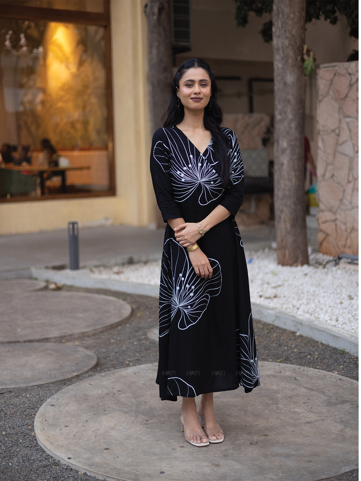 Ebony Blossom Black Viscose Dress with V-neck &amp; 3/4th Sleeves