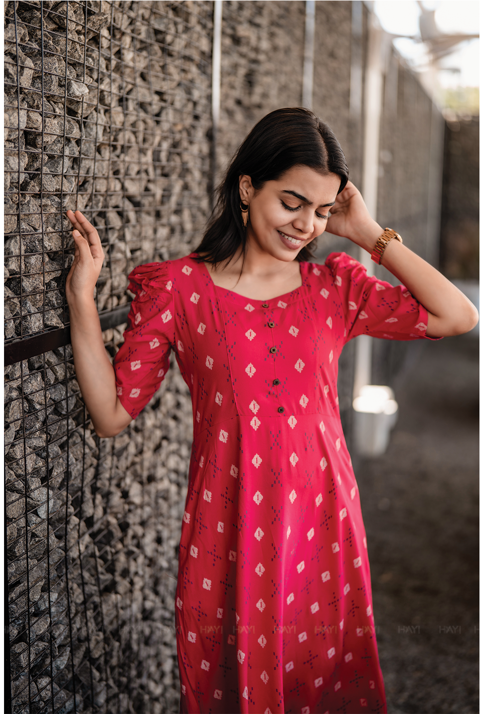 Redloom Cotton Dress with Sweetheart neck &amp; Leg-O-Mutton Sleeves