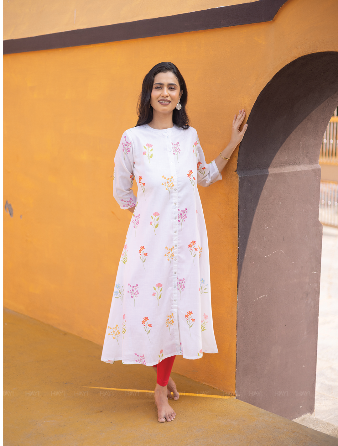 Petal Dreams Off White Linen Blend A-line Dress with Chinese Collar and 3/4th Sleeves