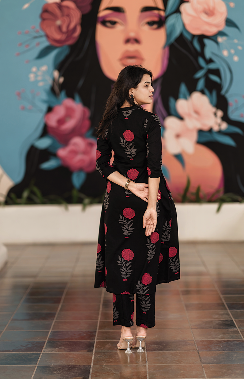 Fuchsia Mist Black Cotton Co-ord with Chinese collar &amp; 3/4th sleeves