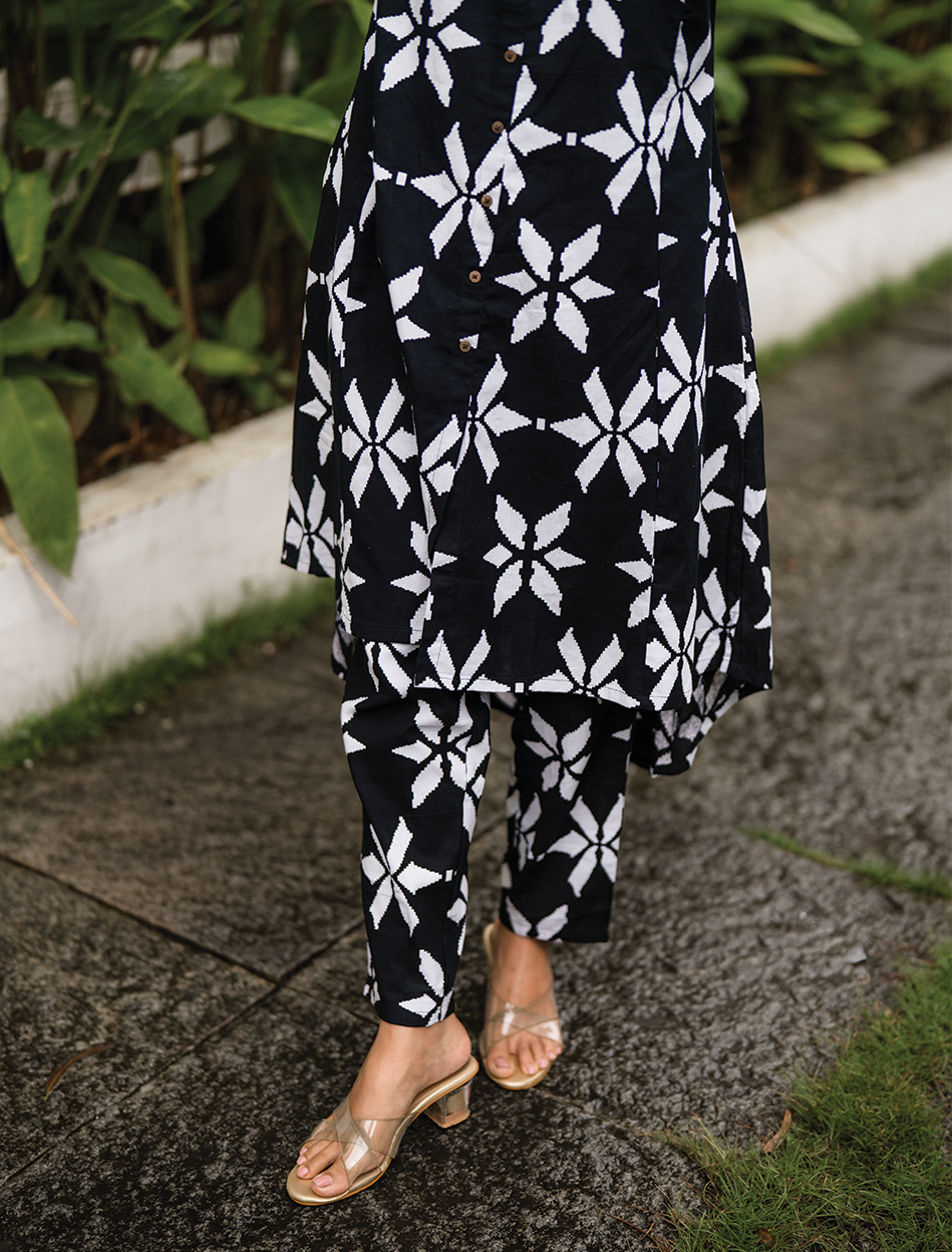 Charcoal Charm Black Cotton Flex Co-ord with Shirt Collar &amp; Elbow sleeves