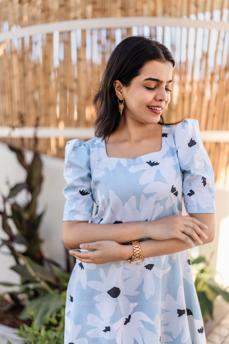 Fleur Blue Cotton Blend Dress with Rounded Square Neck &amp; Leg-O-Mutton Sleeves