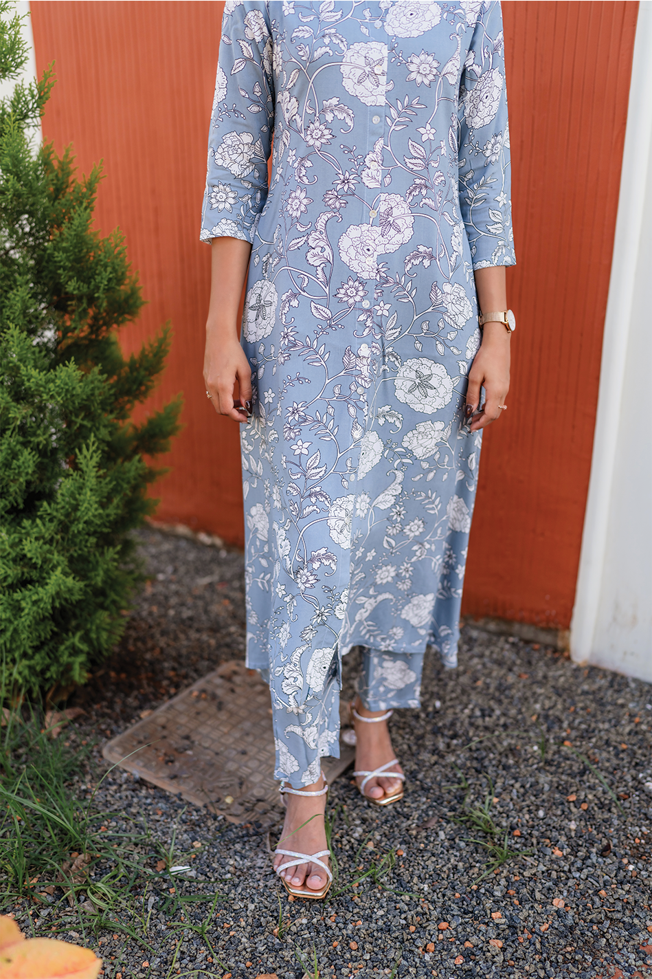 Hazy Petal Blue Viscose Co-ord with Chinese Collar &amp; 3/4th sleeves