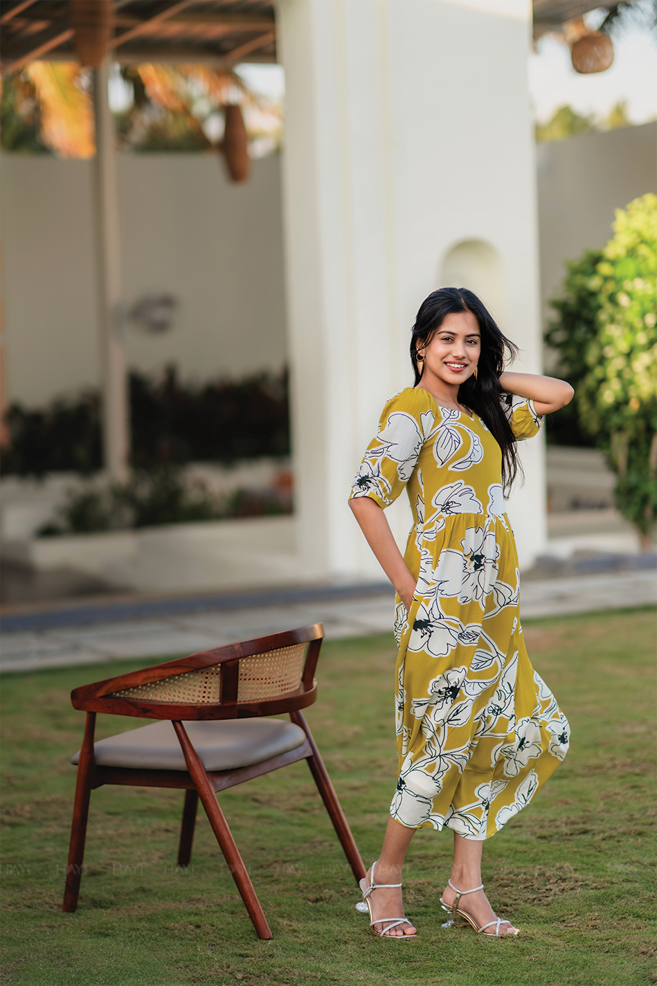 Buttercup Bloom Yellow Viscose Dress with Sweetheart Neck and Elbow Sleeves