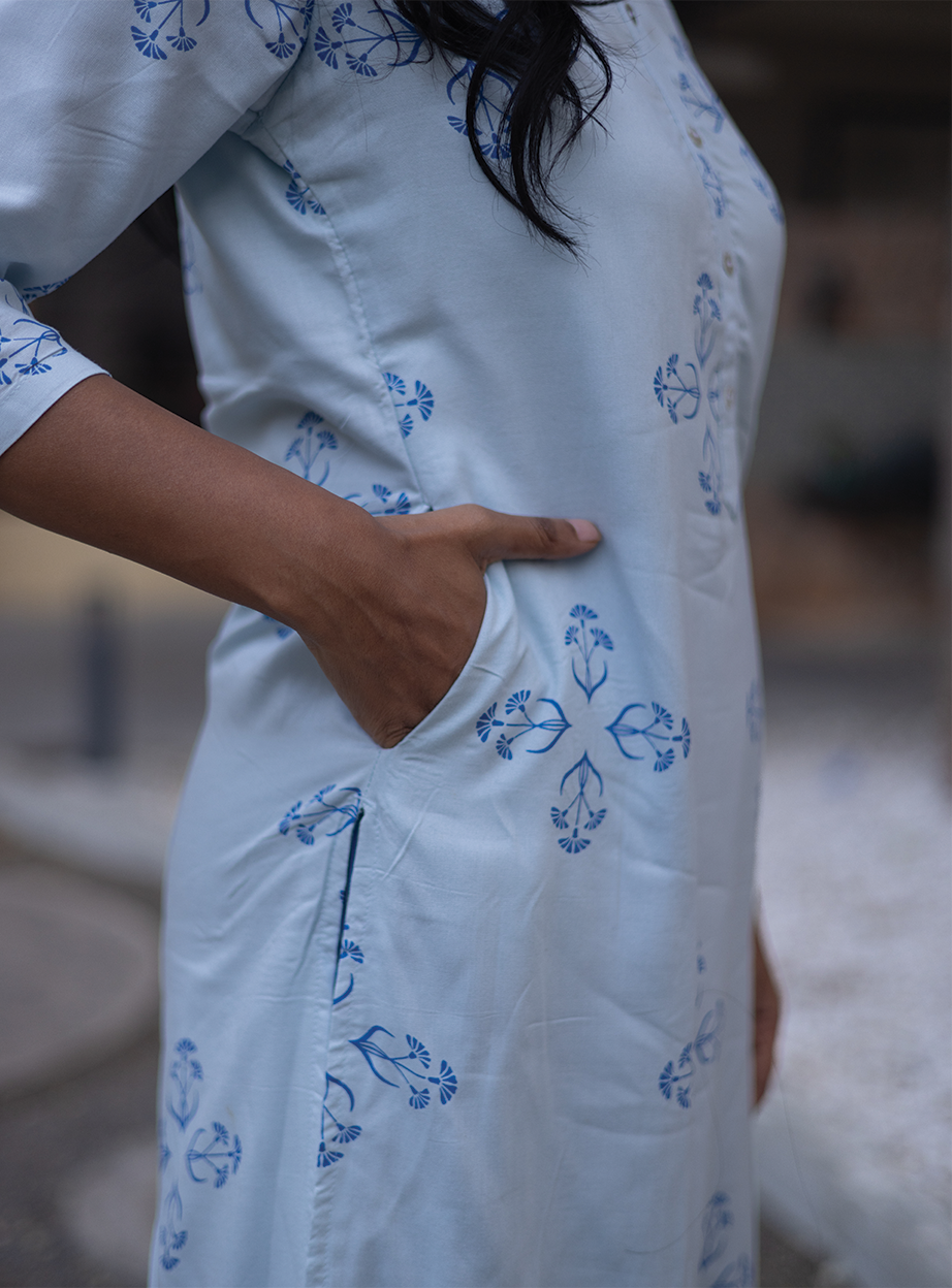 Willow Mist Blue Viscose Co-ord with Chinese Collar &amp; 3/4th sleeves