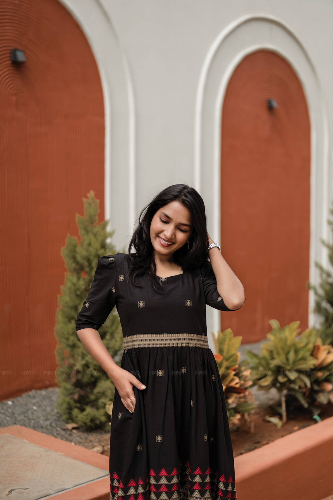 Starlight Black Handloom Dress with Sweetheart Neck &amp; Leg-O-Mutton Sleeves