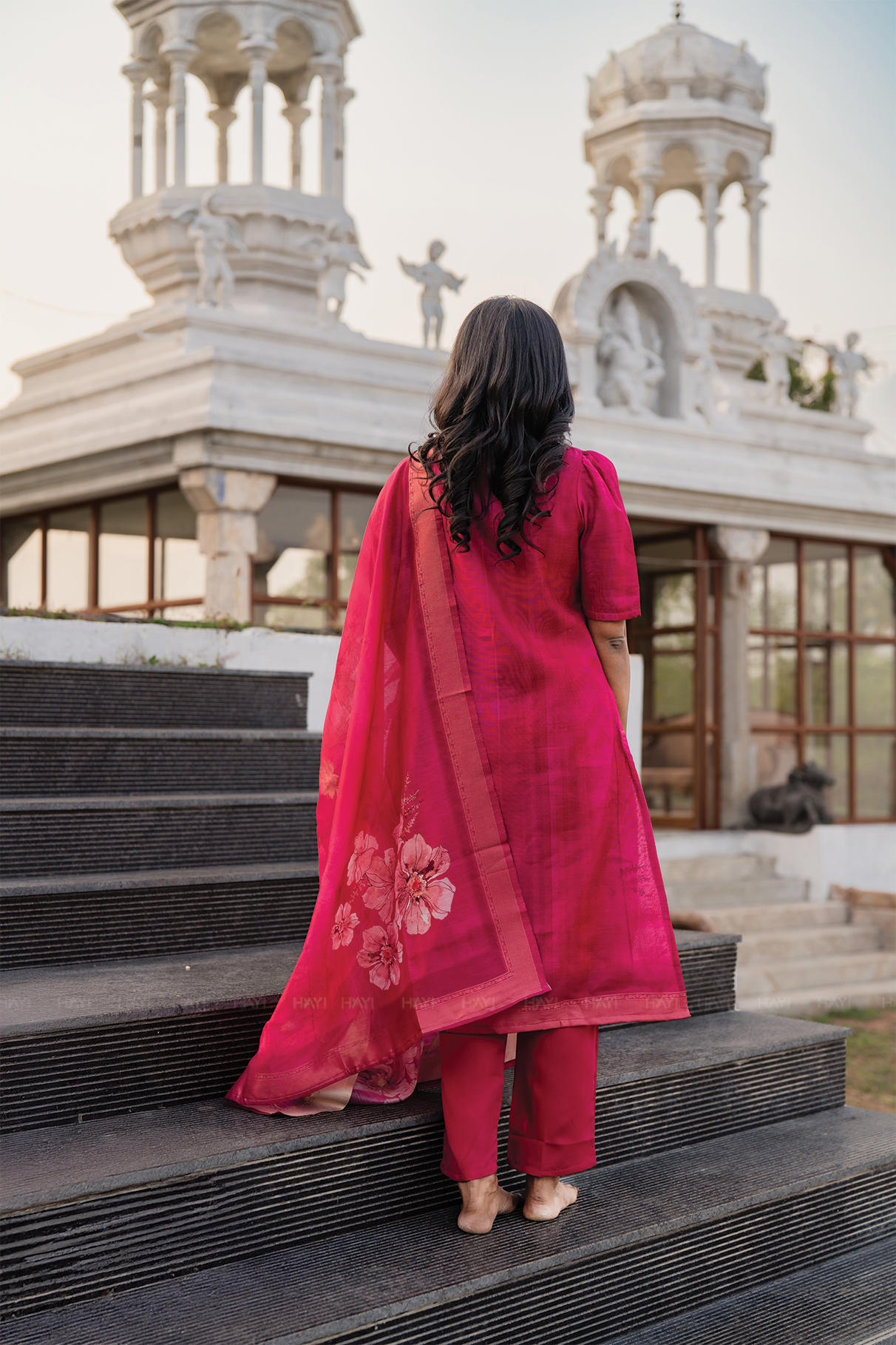 Rosewood Reddish Pink 3 Piece Jacquard Silk Blend Floral Placement Printed Kurta with Pant &amp; Dupatta