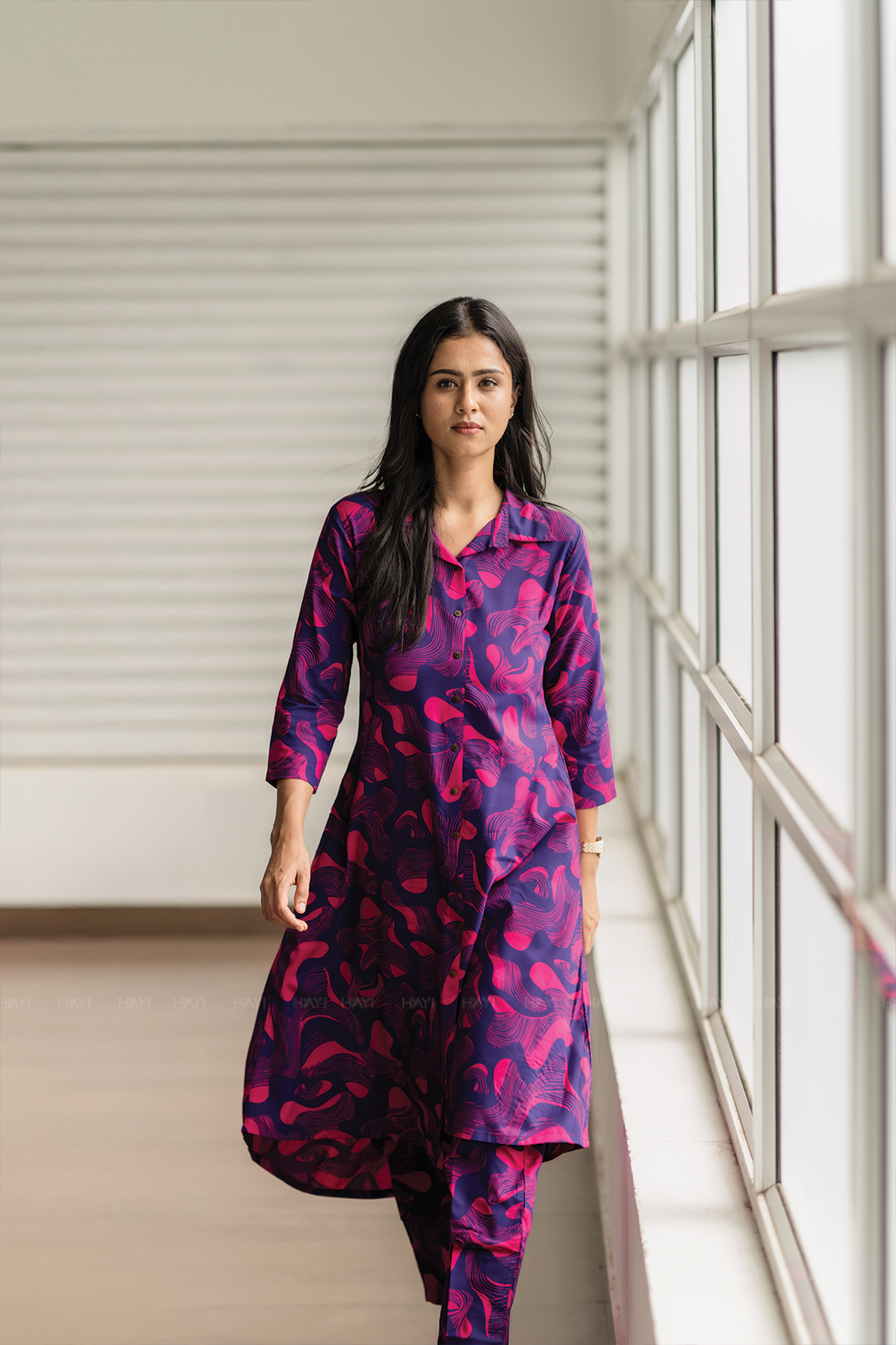 Mystic Swirl Violet Viscose Co-ord with Shirt Collar &amp; Print