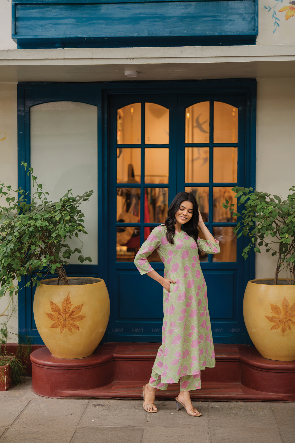 Fanci Green with Tangled Blush printed Linen Blend Co Ords