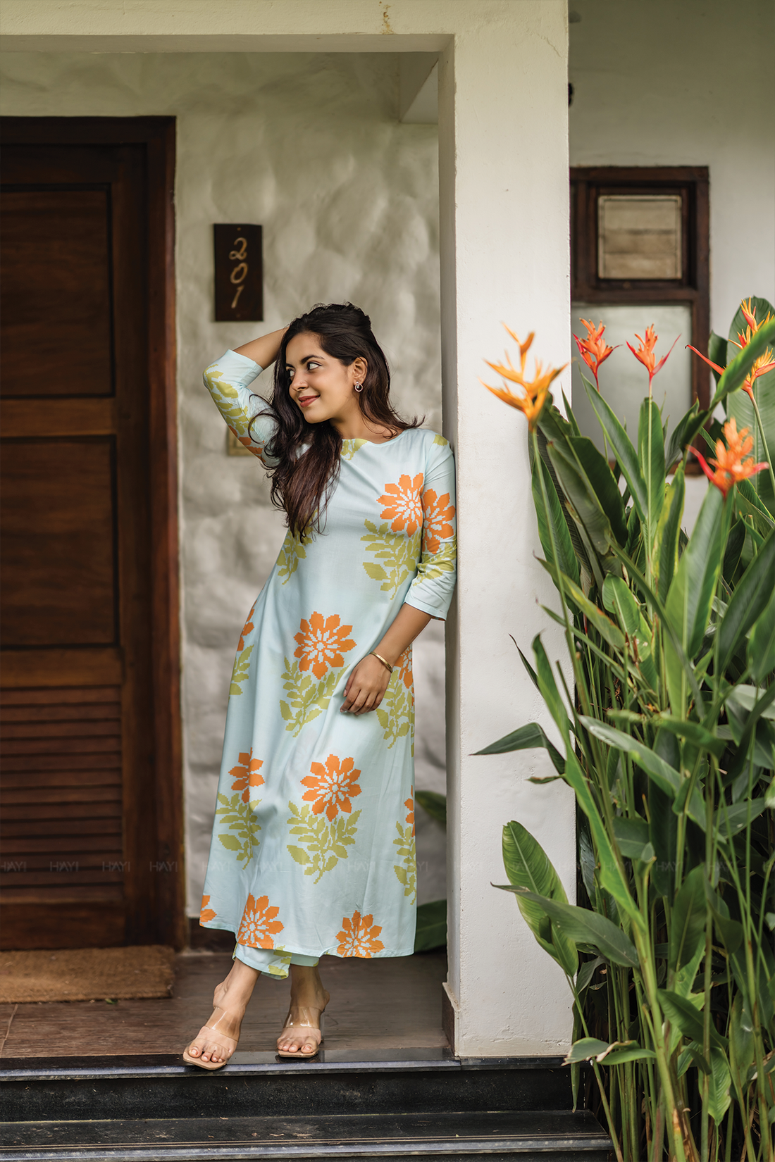 Aacral Blossom Blue Viscose Dress with Boat Neck &amp; Floral Print