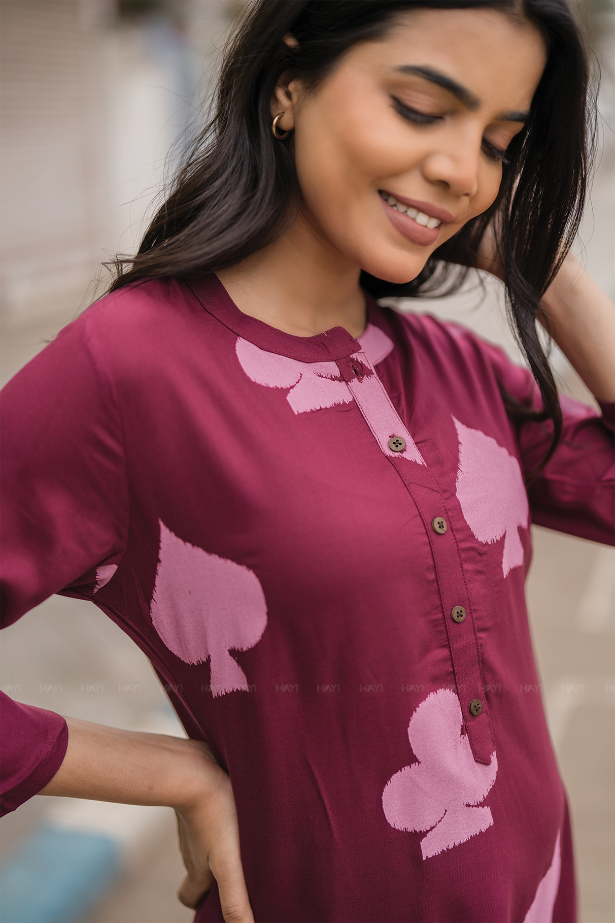 Sepia Maroon with Autumn Hearts printed Viscose A-line Dress