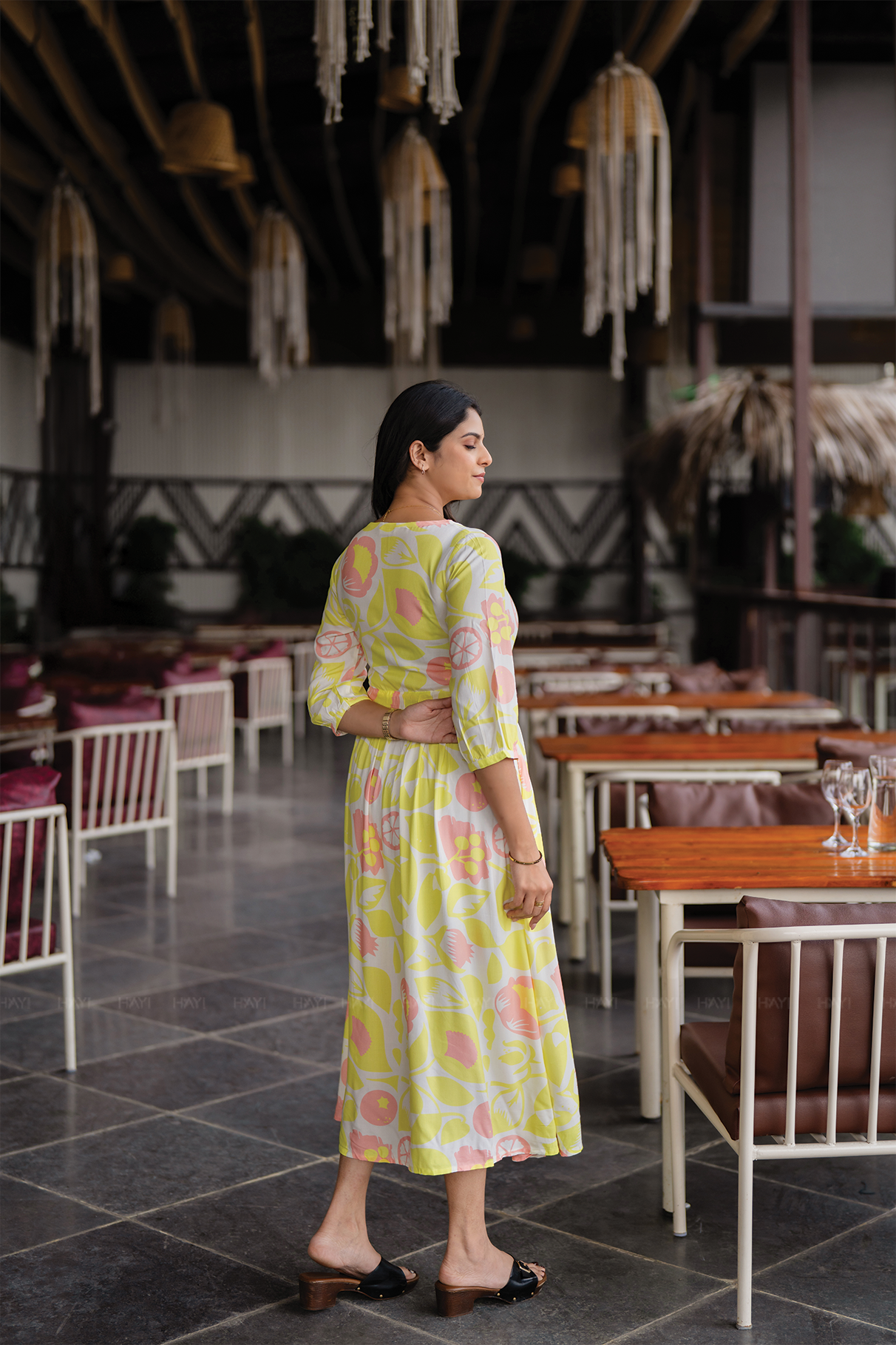 Bloom Breeze Green Viscose Dress with Boat Neck &amp; 3/4th Sleeves