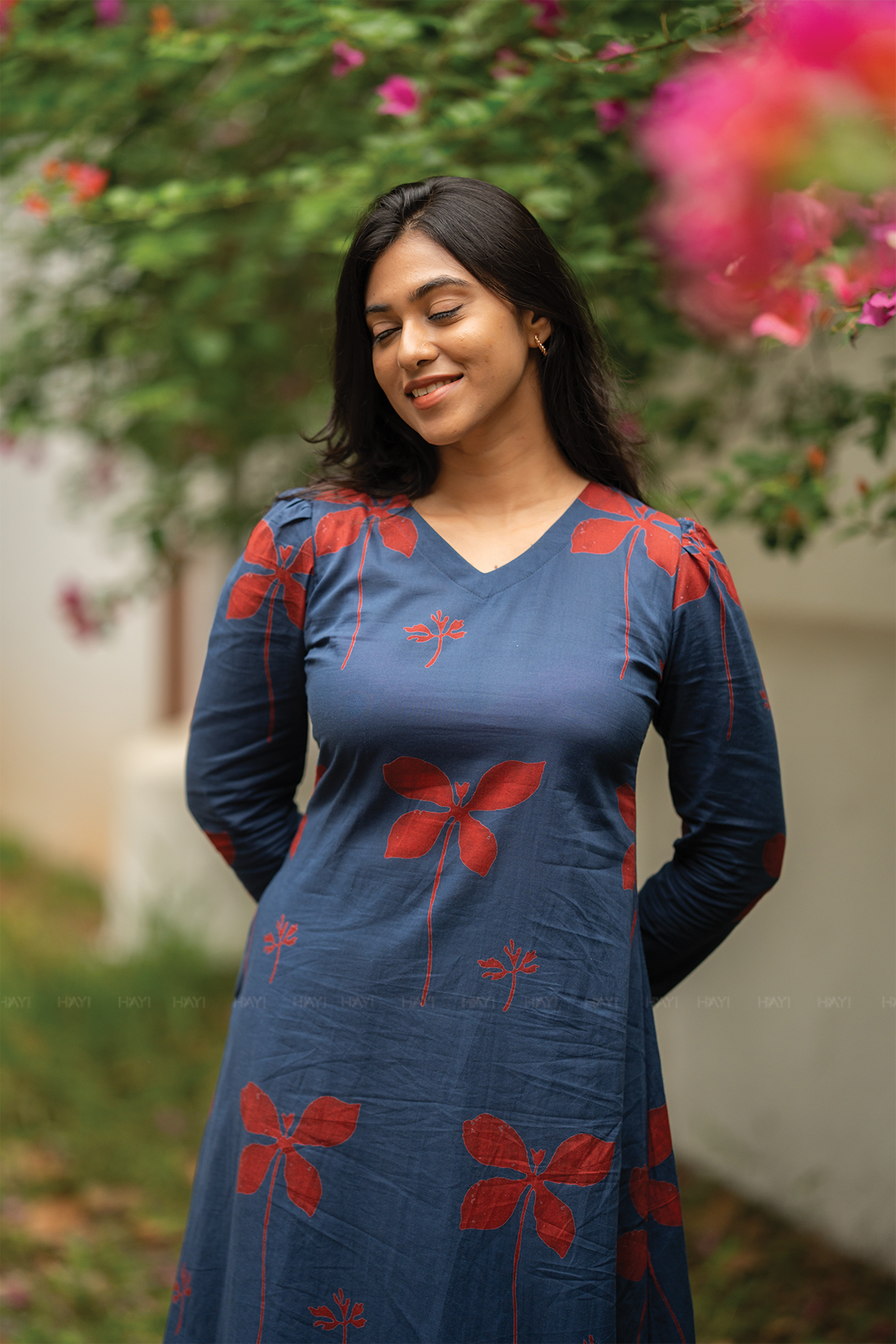 Dusky Wings Blue cotton blend Co-ord with V-Neck &amp; 3/4 Puff Sleeves