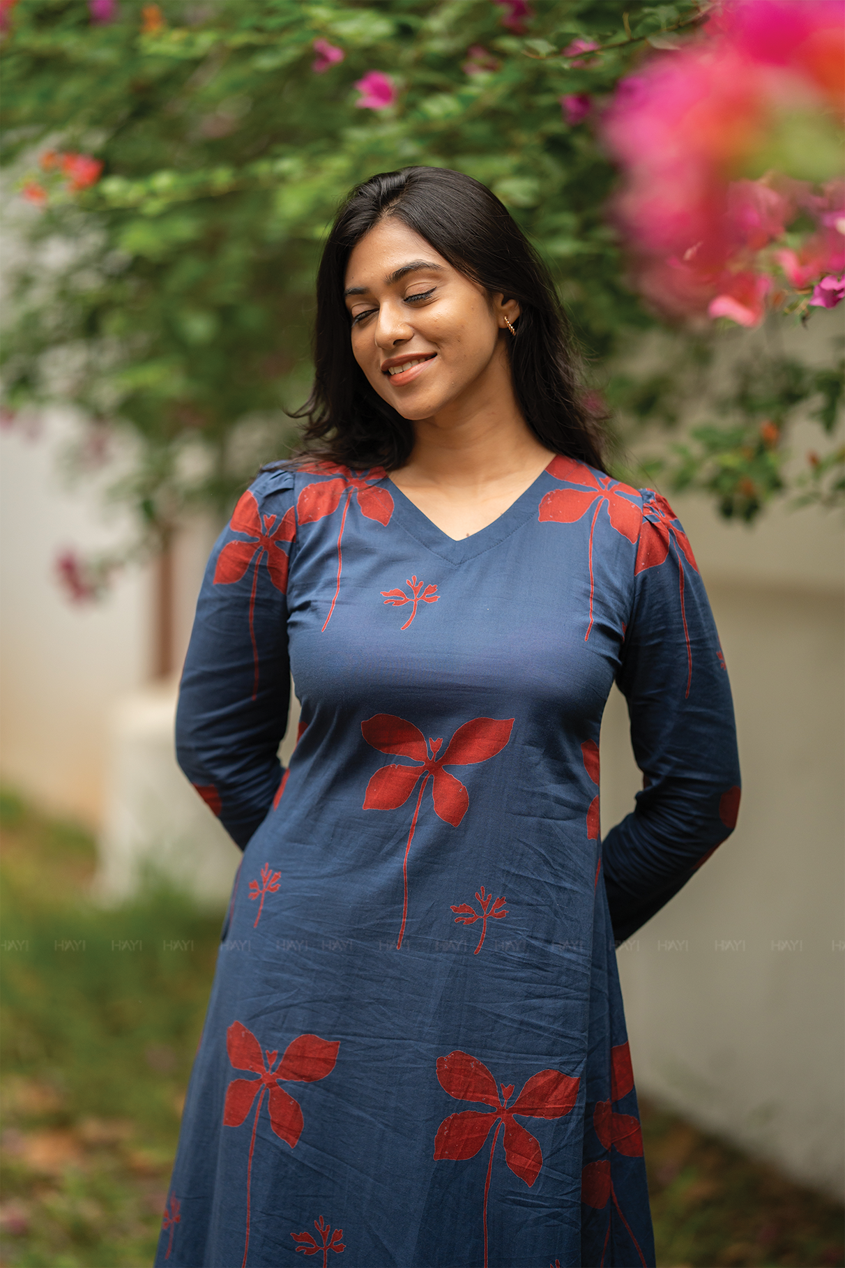 Dusky Wings Blue cotton blend Co-ord with V-Neck &amp; 3/4 Puff Sleeves