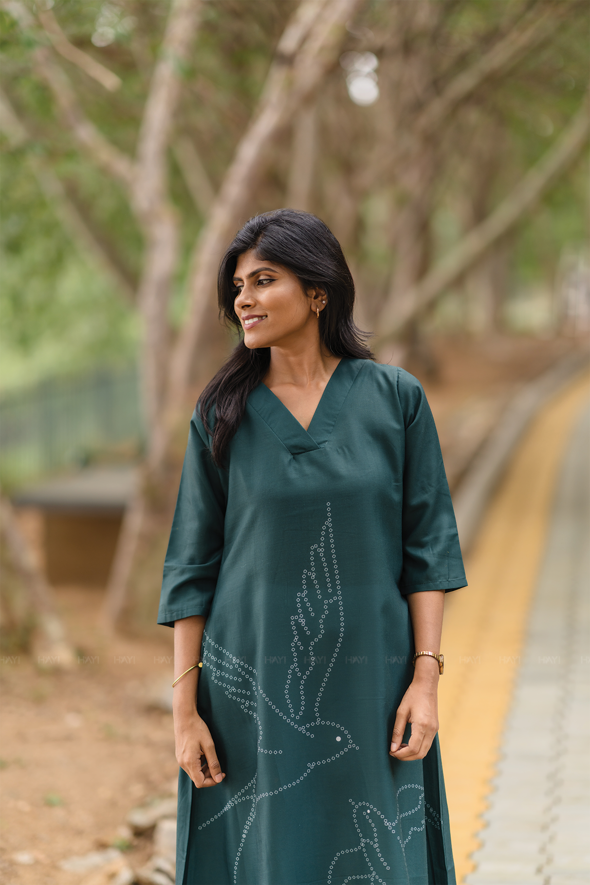 Tender Green with Wings Of Dusk Linen Blend A-line Dress