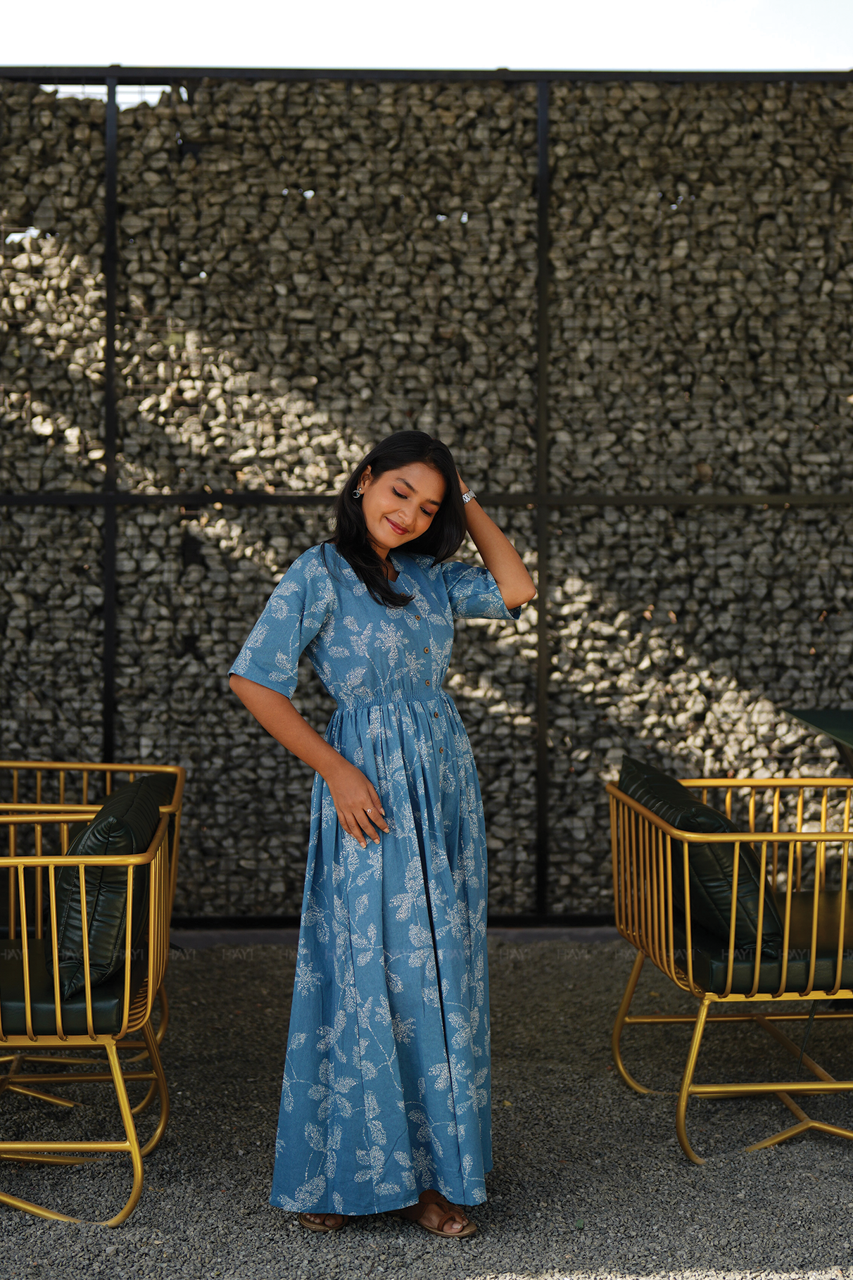 Morning Dew Blue Cotton Dress with V-Neck &amp; Elbow Sleeves