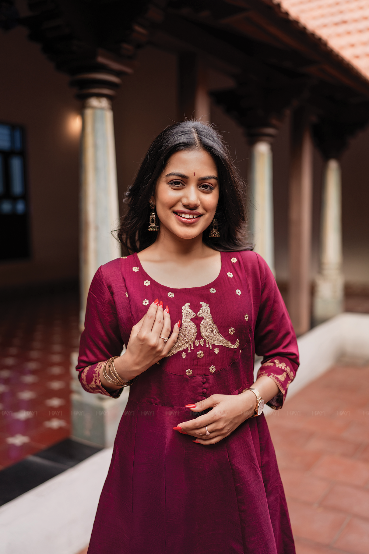 Birdveil Plum Viscose Placement Print Embroidered Anarkali with Round Neck &amp; 3/4th Sleeves