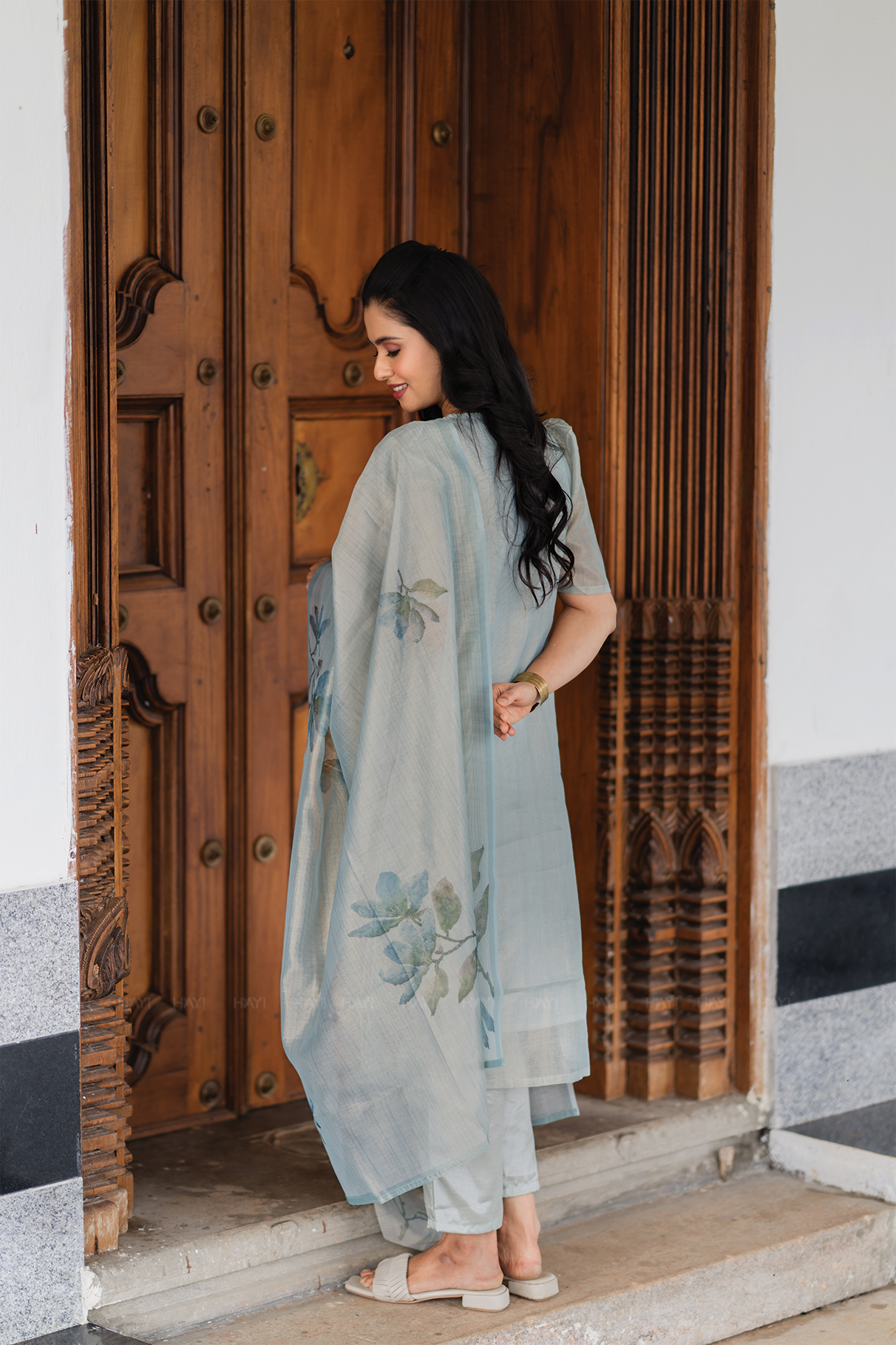Periwinkle 3 Piece Blue Shimmer Tissue Printed Kurta with Pant &amp; Dupatta