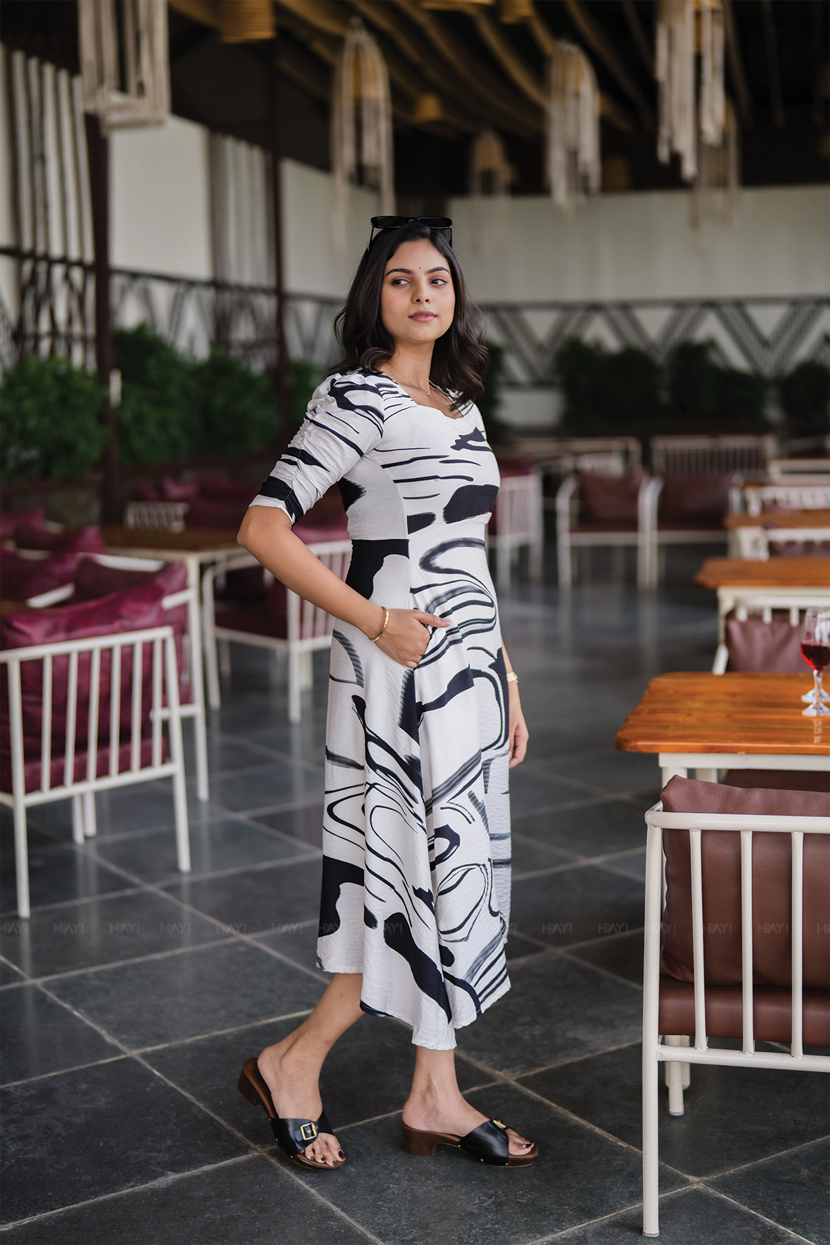 Flowing Ink Artistic White Viscose Dress with Sweetheart Neck &amp; Full Ruched Sleeves