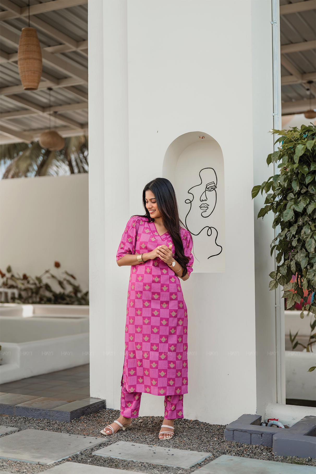 Pink Lattice Glam Viscose Co-ord with V-Neck &amp; Lace